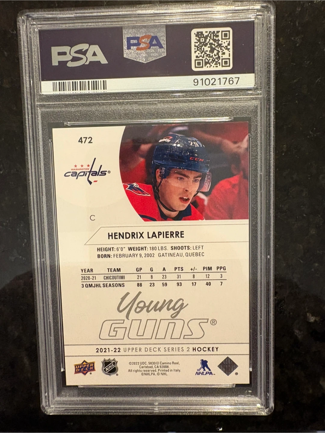 2021 Upper Deck Young Guns Hendrix Lapierre PSA 10 - photo 2