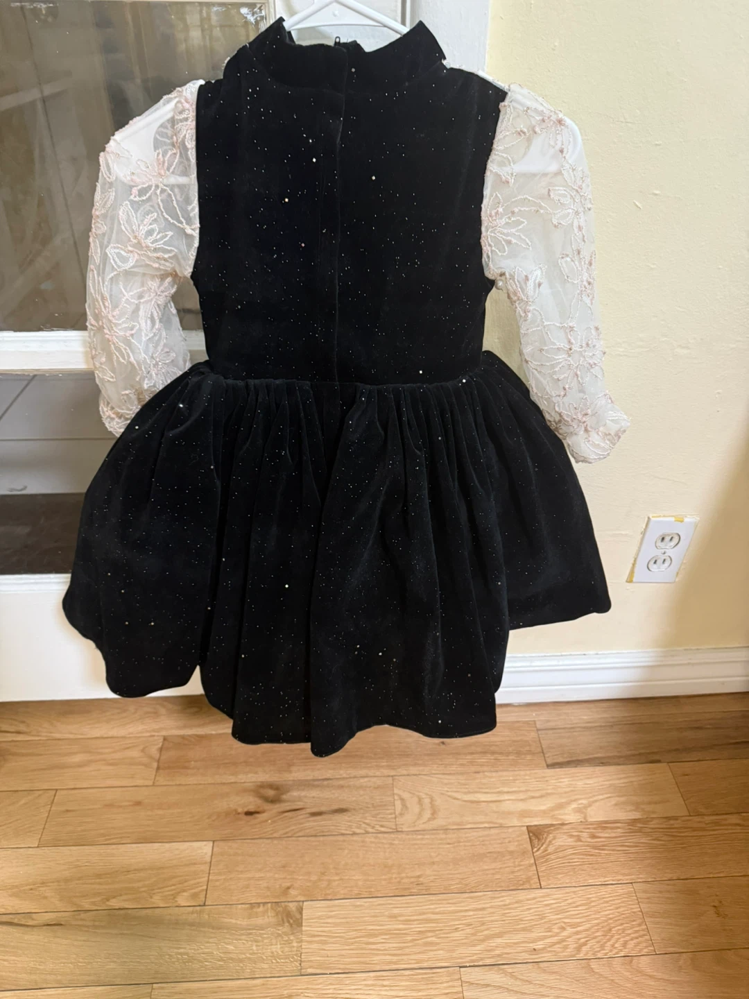 Black velvet girls party dress with lace sleeves