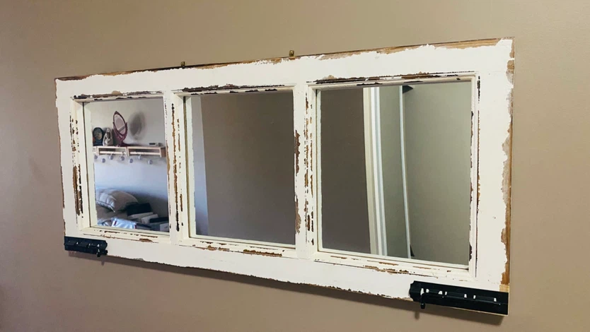 Rustic Window Frame Mirror with Hooks