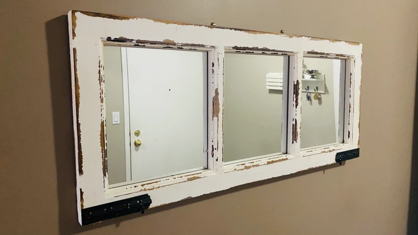 Rustic Window Frame Mirror with Hooks - photo 2