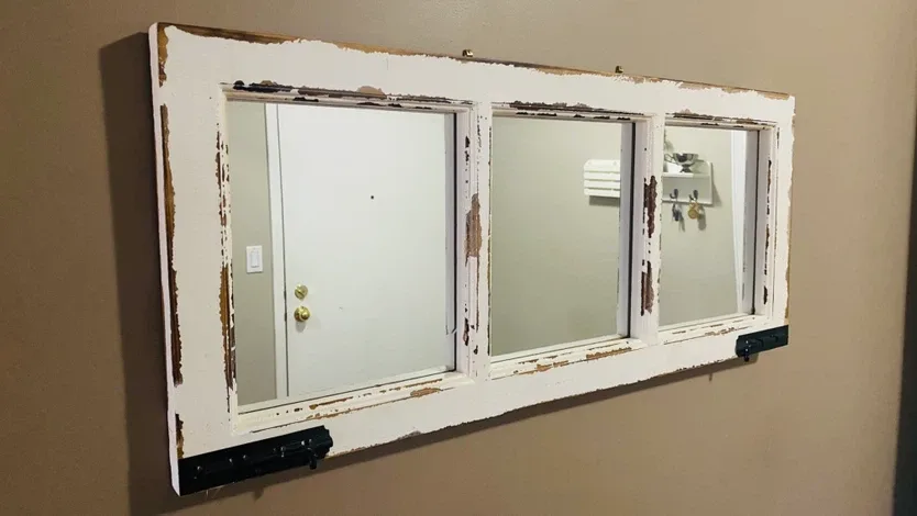 Rustic Window Frame Mirror with Hooks - photo 2