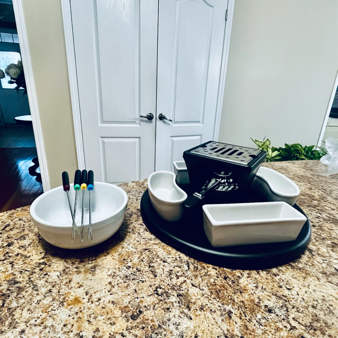 Fondue Set with Ceramic Bowls and Forks