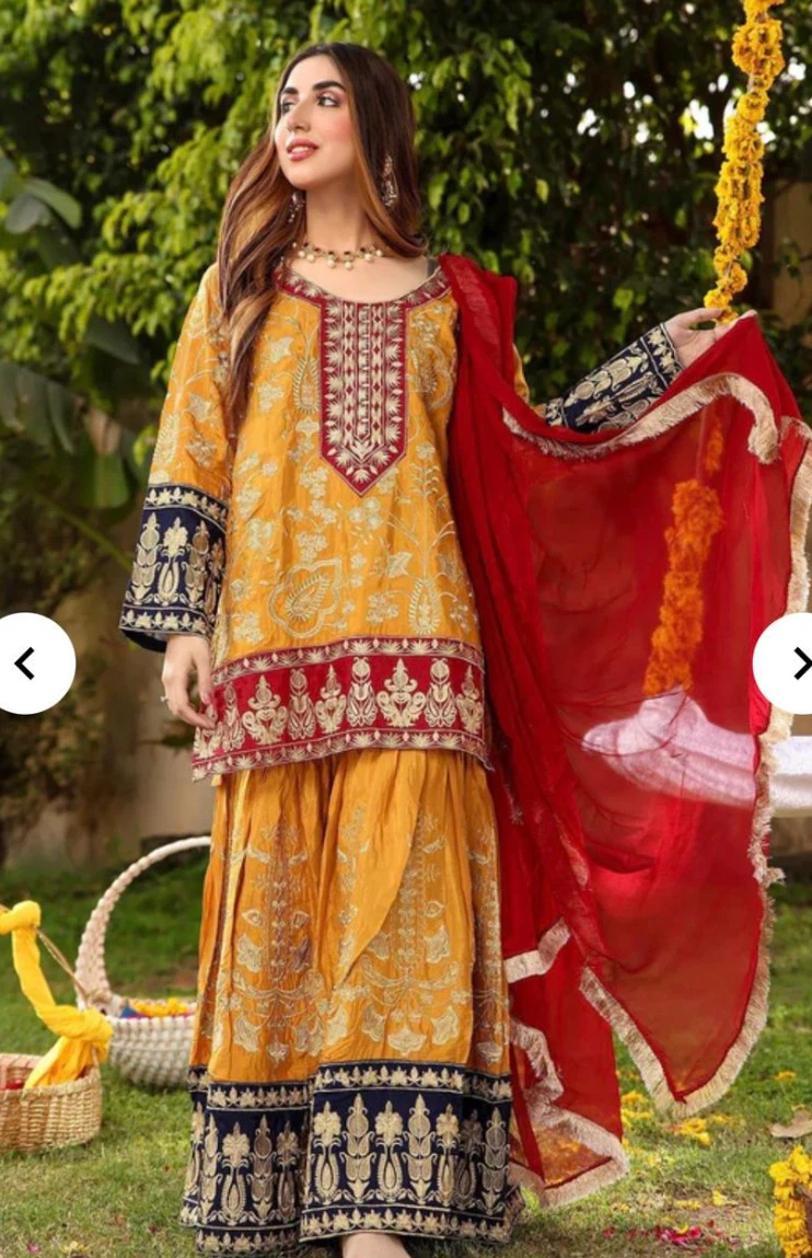 3pc Yellow Embroidered Sharara Set