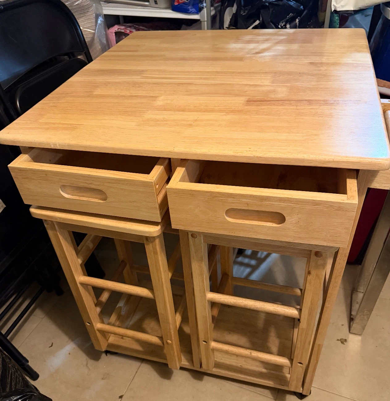 Wood Kitchen Island with Two Stools