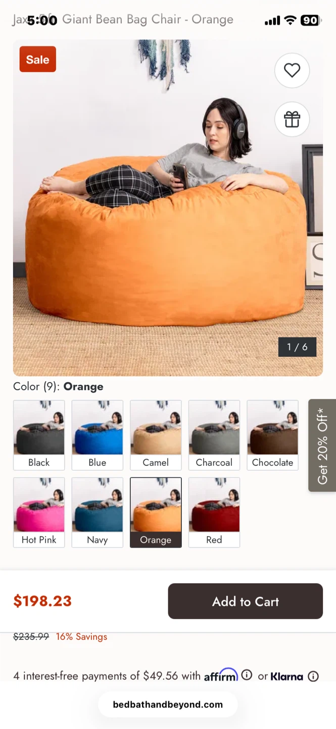 Jaxx 5ft Orange Giant Bean Bag Chair - photo 2