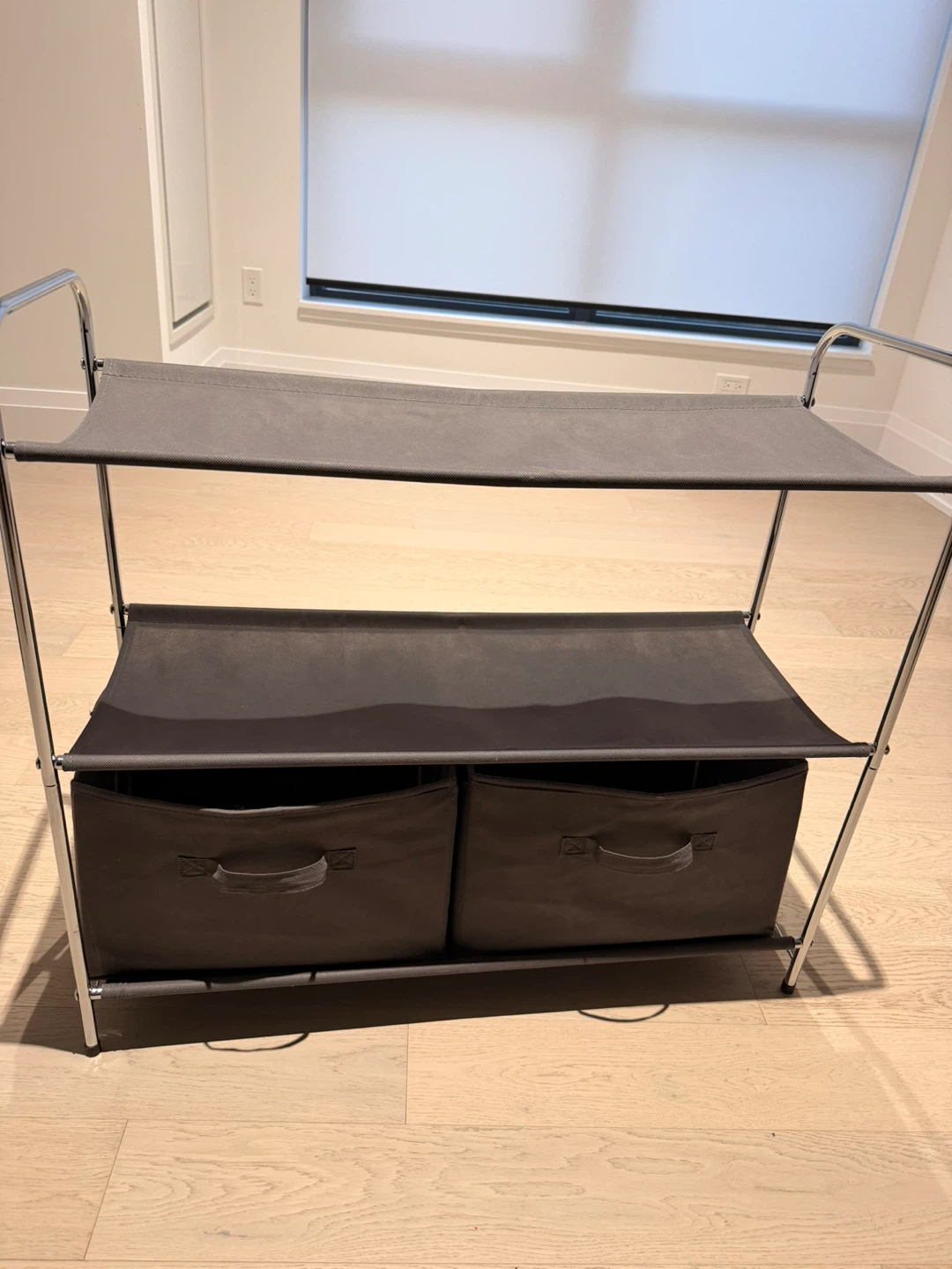 Two-Tier Storage Shelf with Fabric Bins