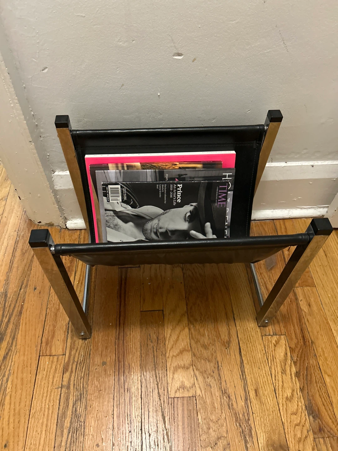 Chrome and Black Leather Magazine Rack