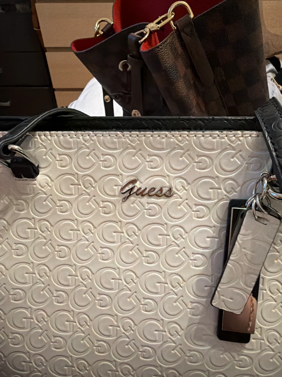 Guess White and Black Tote Bag