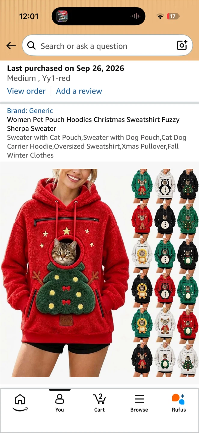 Brand New Red Christmas Pet Pouch Hoodie