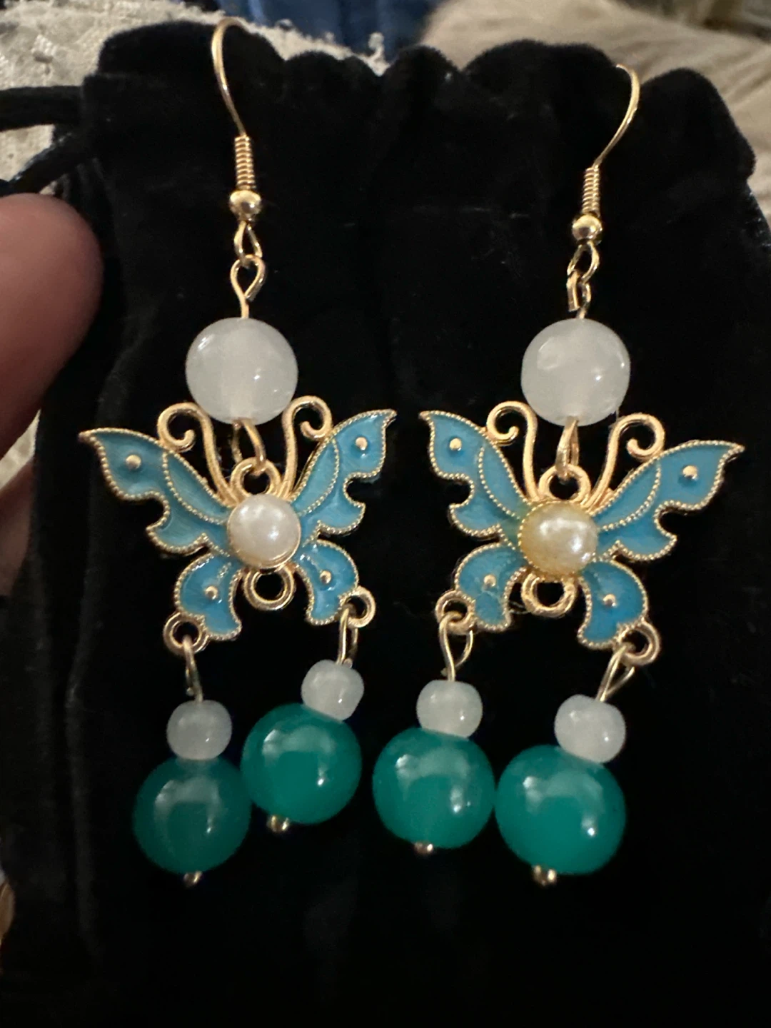 Butterfly Dangle Earrings with Green Beads