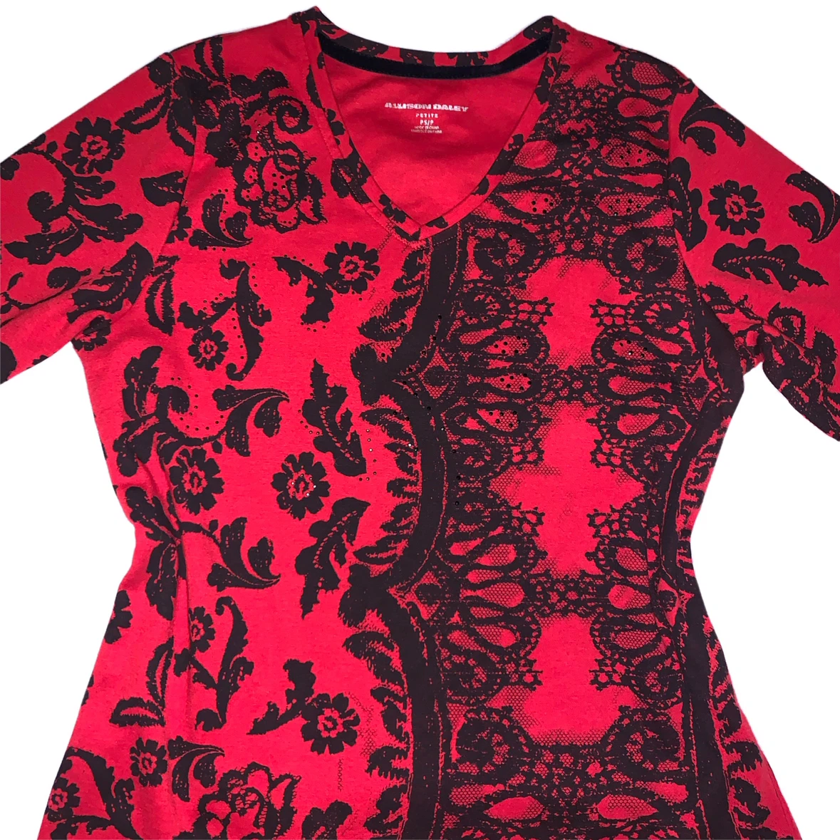 Red and black paisley/lace half sleeve top - photo 2