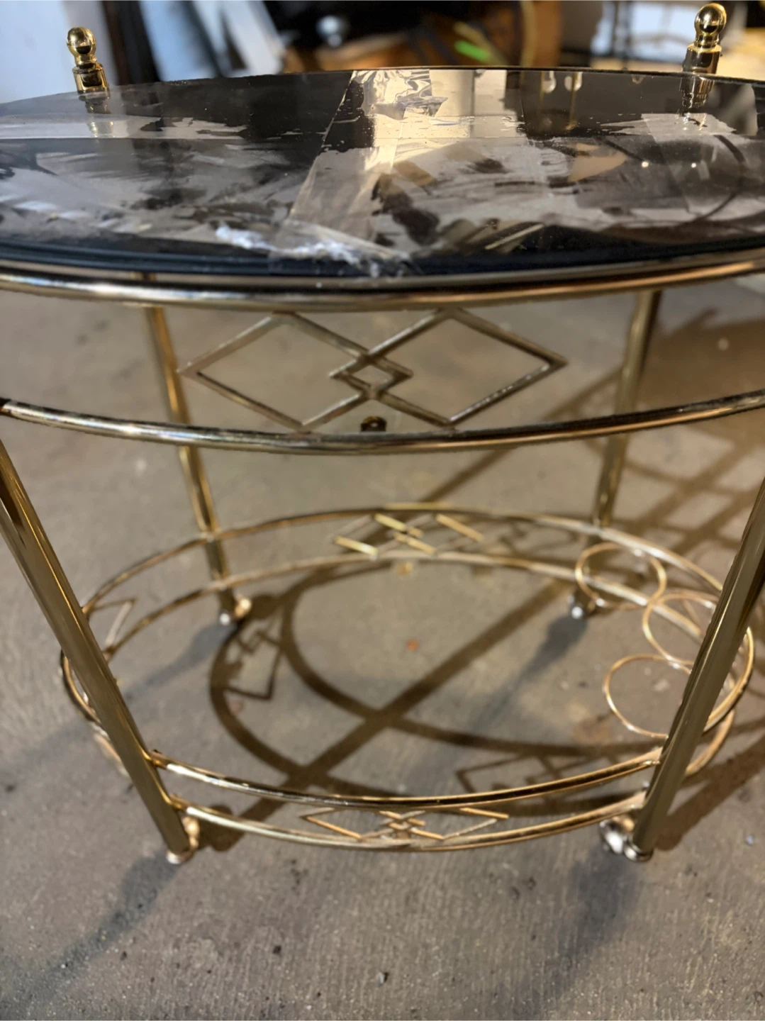 Oval Gold Tone Metal Serving Cart with Black Glass Top - photo 2