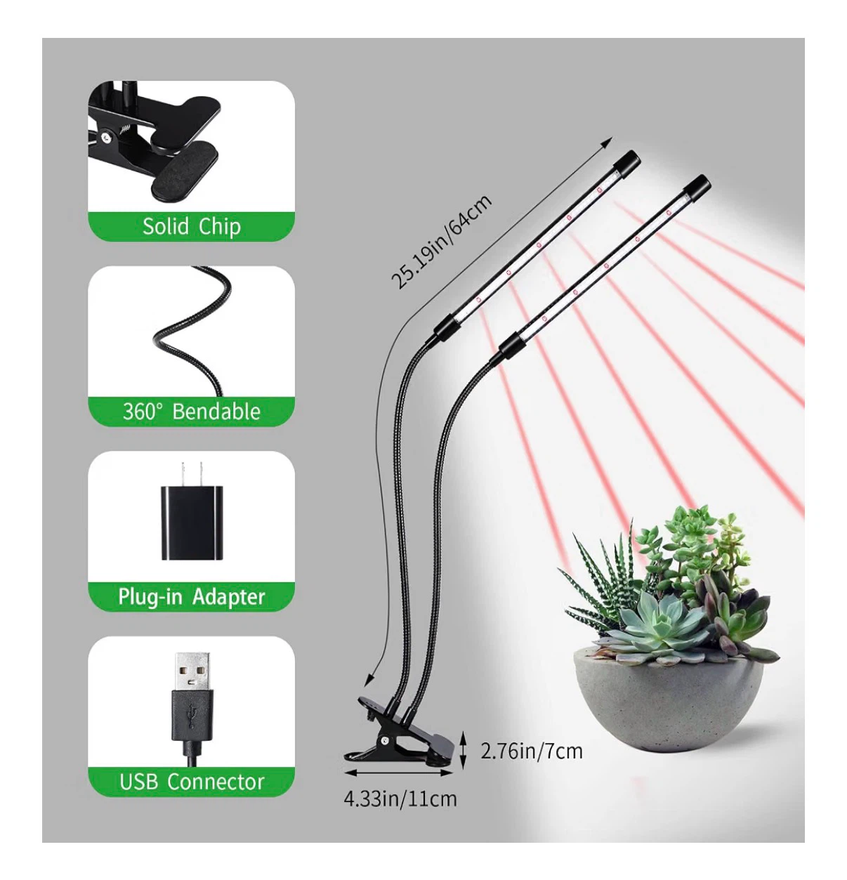 Dual Head LED Grow Light for Indoor Plants, with Clip - photo 3