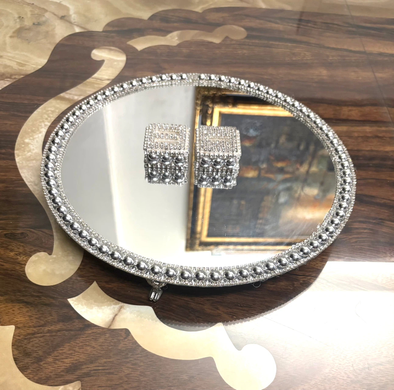 Round Mirror Tray with silver Pearls & silver rhinestone Border