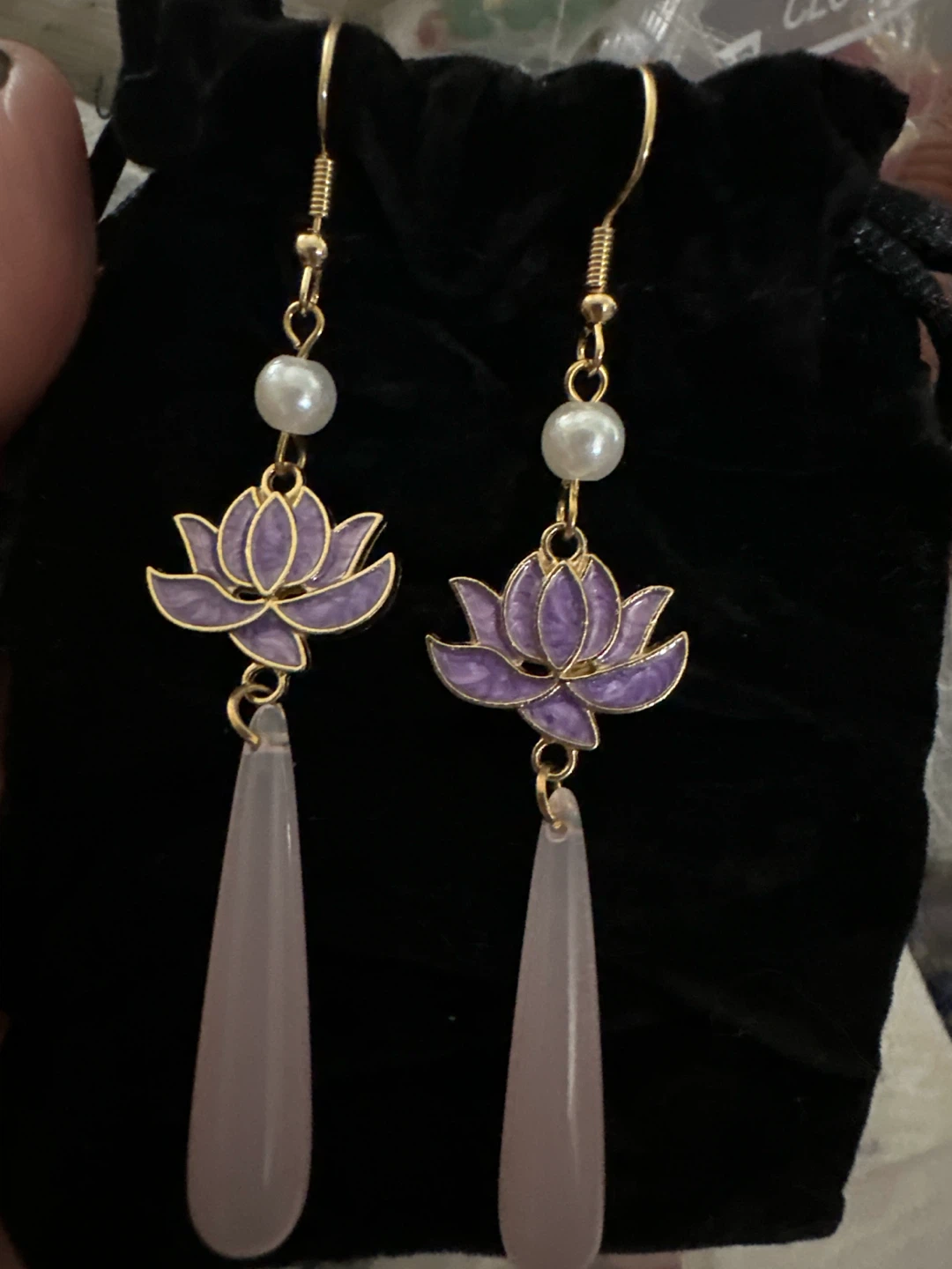 Purple Lotus Flower and Pink Teardrop Dangle Earrings