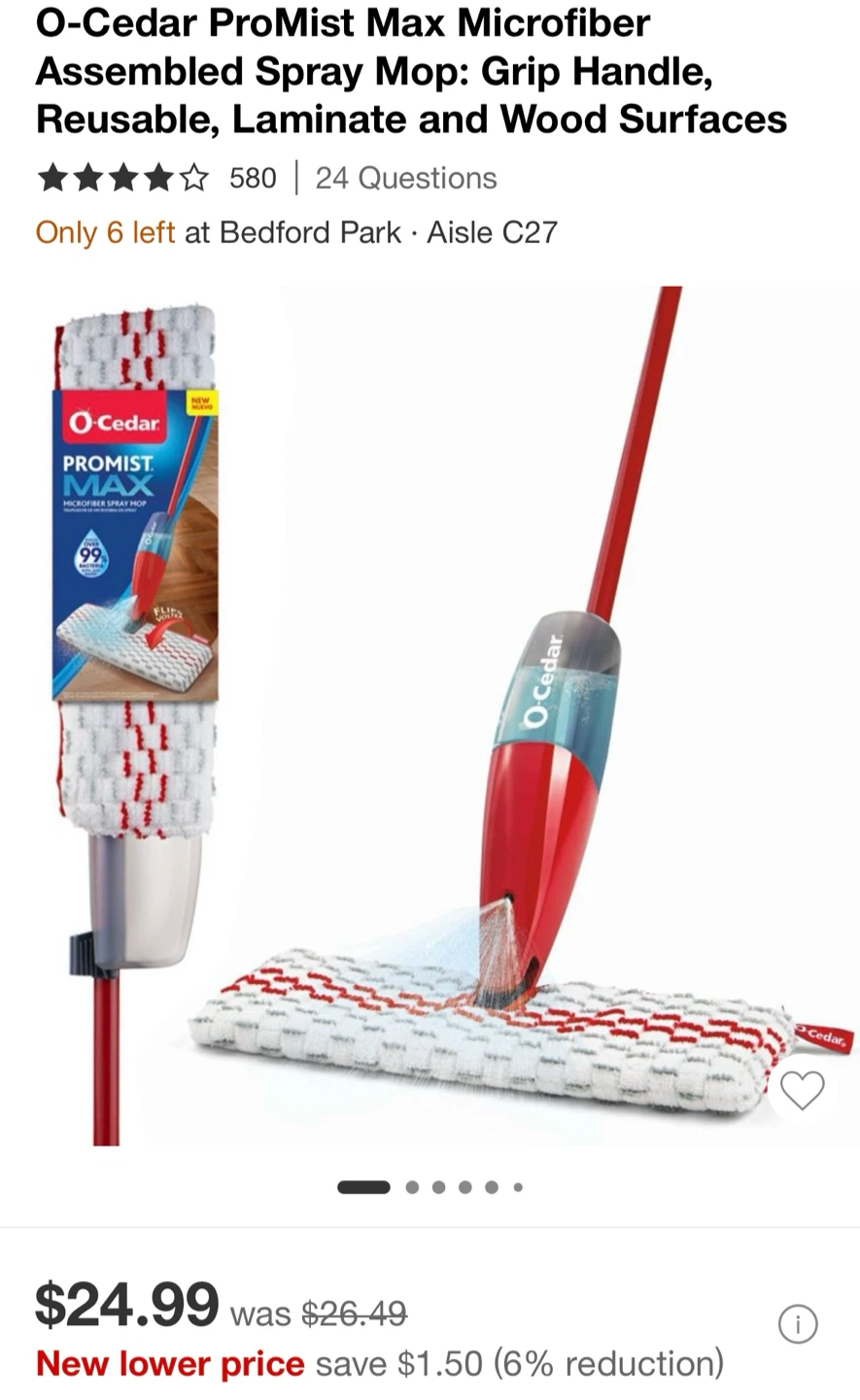 Ocedar spray mop, broom and dustpan.