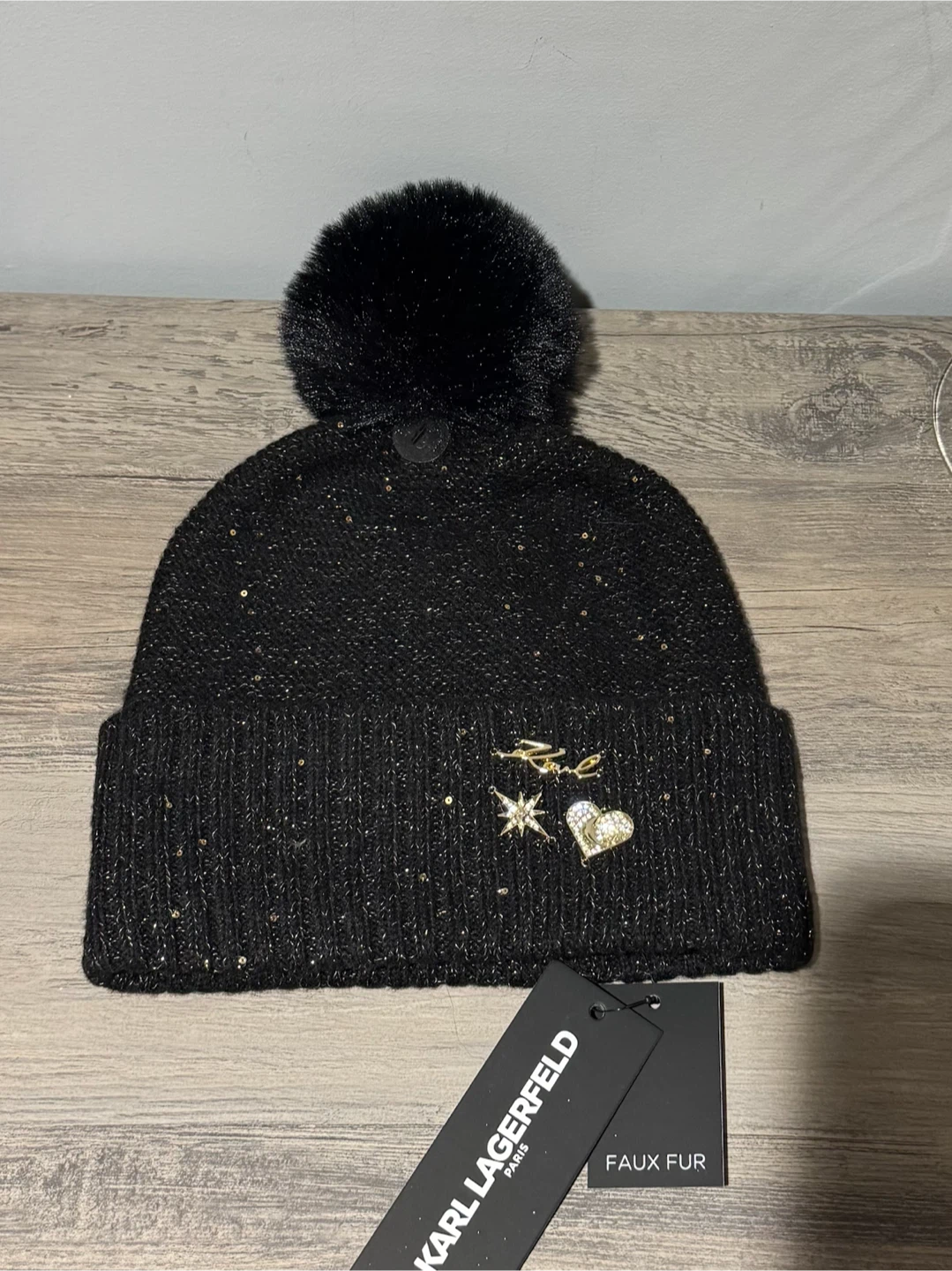 Karl Lagerfeld Black Beanie with Pom-Pom