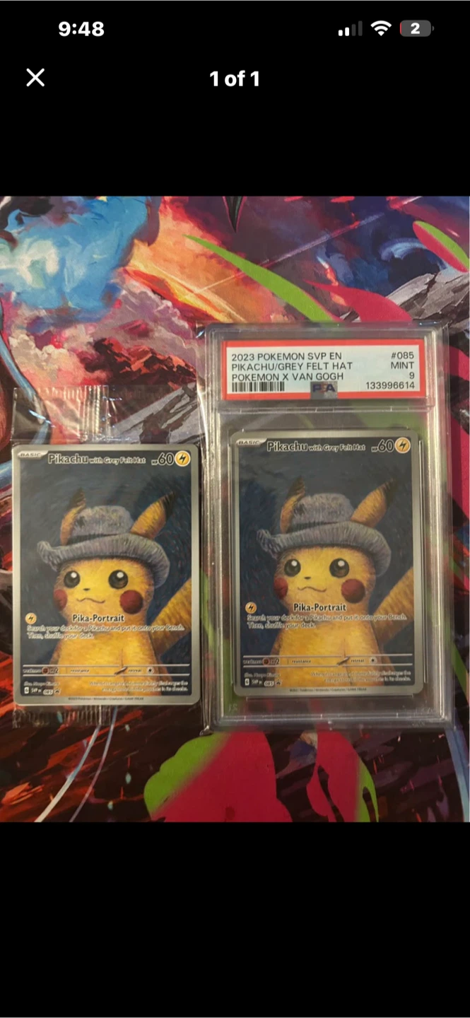 Van Gogh grey hat Pikachu sealed and PSA 9