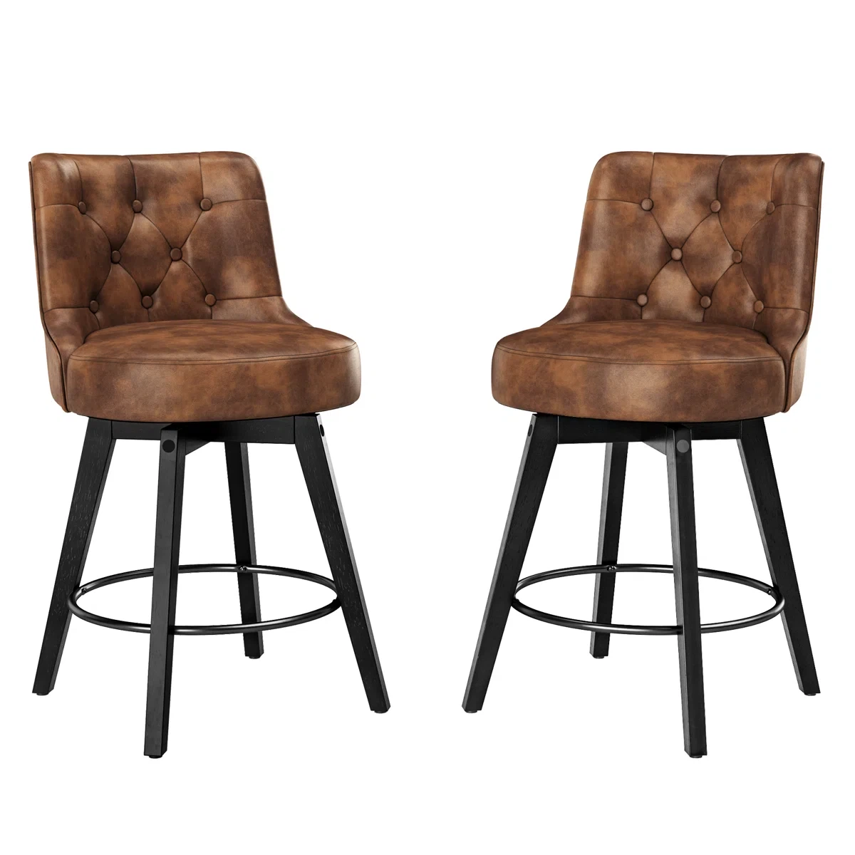 Set of 2 Swivel Bar Stools, Brown Faux Leather