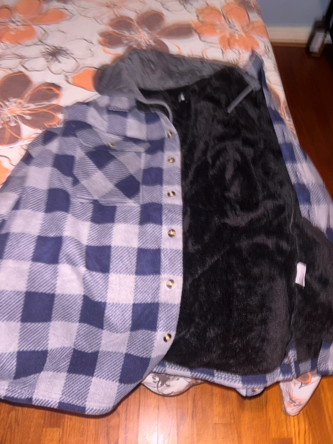 Blue and Grey Plaid Hooded Fleece-Lined Shirt Jacket