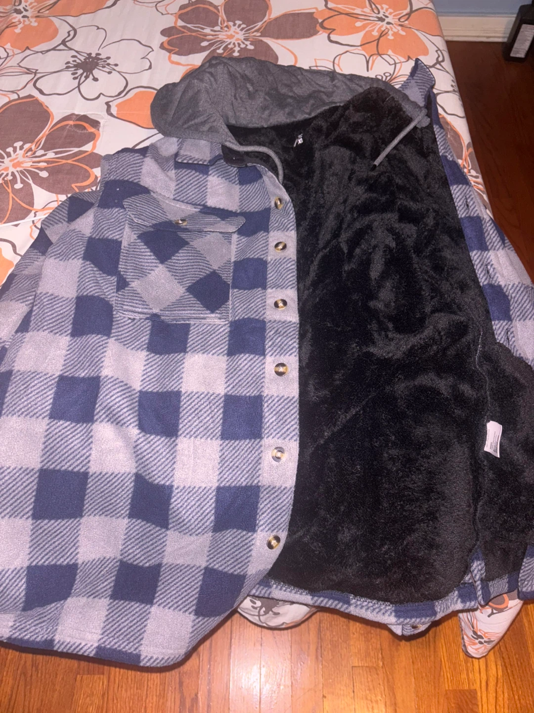 Blue and Grey Plaid Hooded Fleece-Lined Shirt Jacket - photo 2