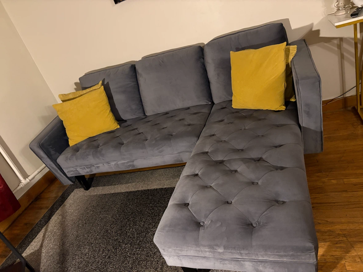 Grey Velvet Sectional Sofa with Chaise