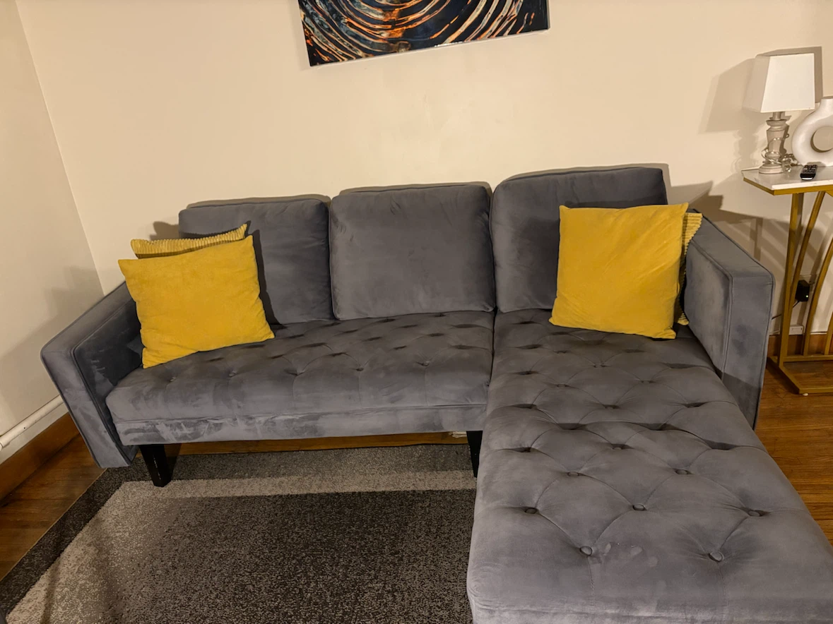 Grey Velvet Sectional Sofa with Chaise - photo 3