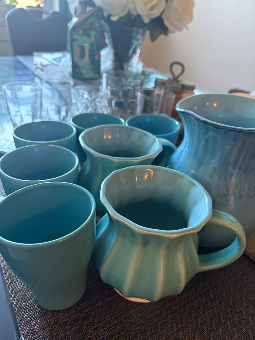 Blue Ceramic Pitcher and Mug Set