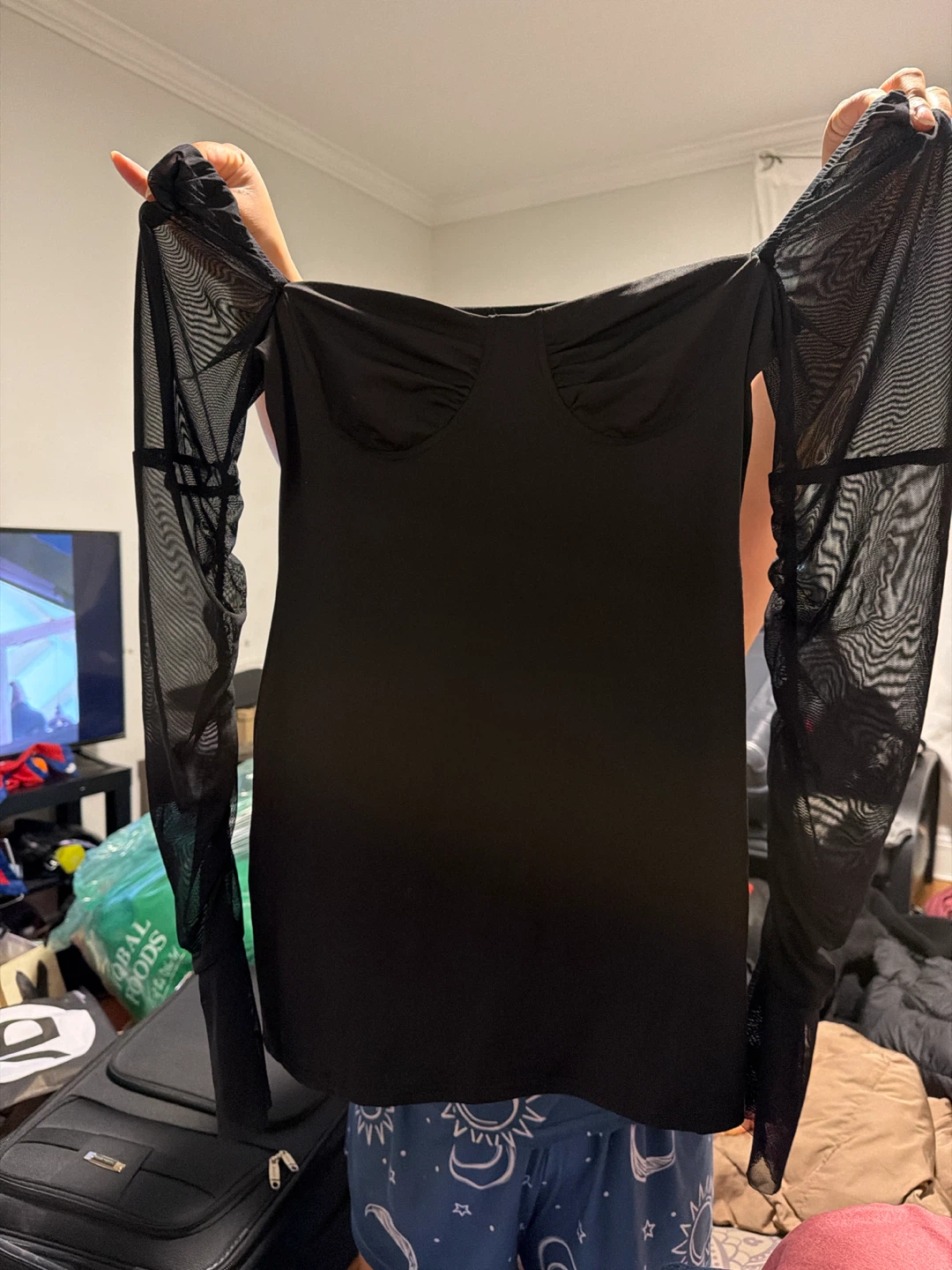 Black Mesh Long Sleeve Corset-Style Dress