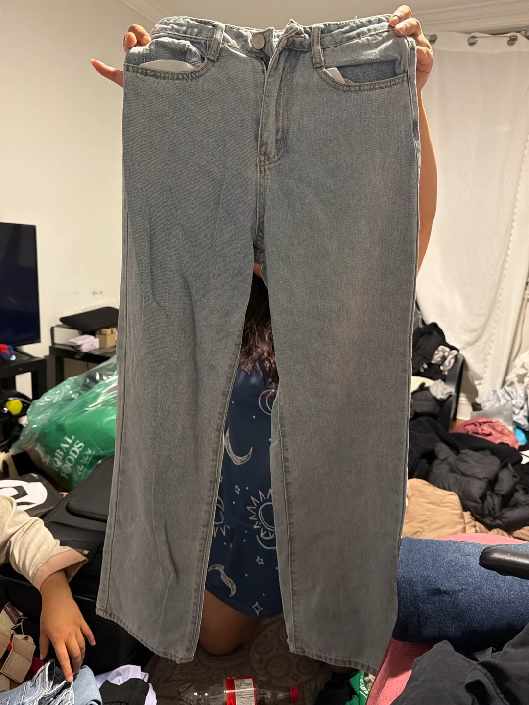 Light wash straight leg denim jeans