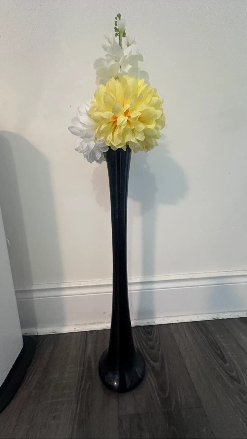 Tall Black Glass Vase with artificial flowers