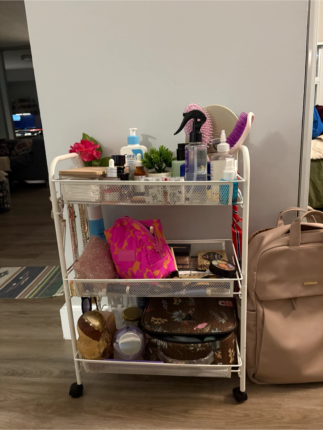Three-Tier White Metal Storage Rolling Cart