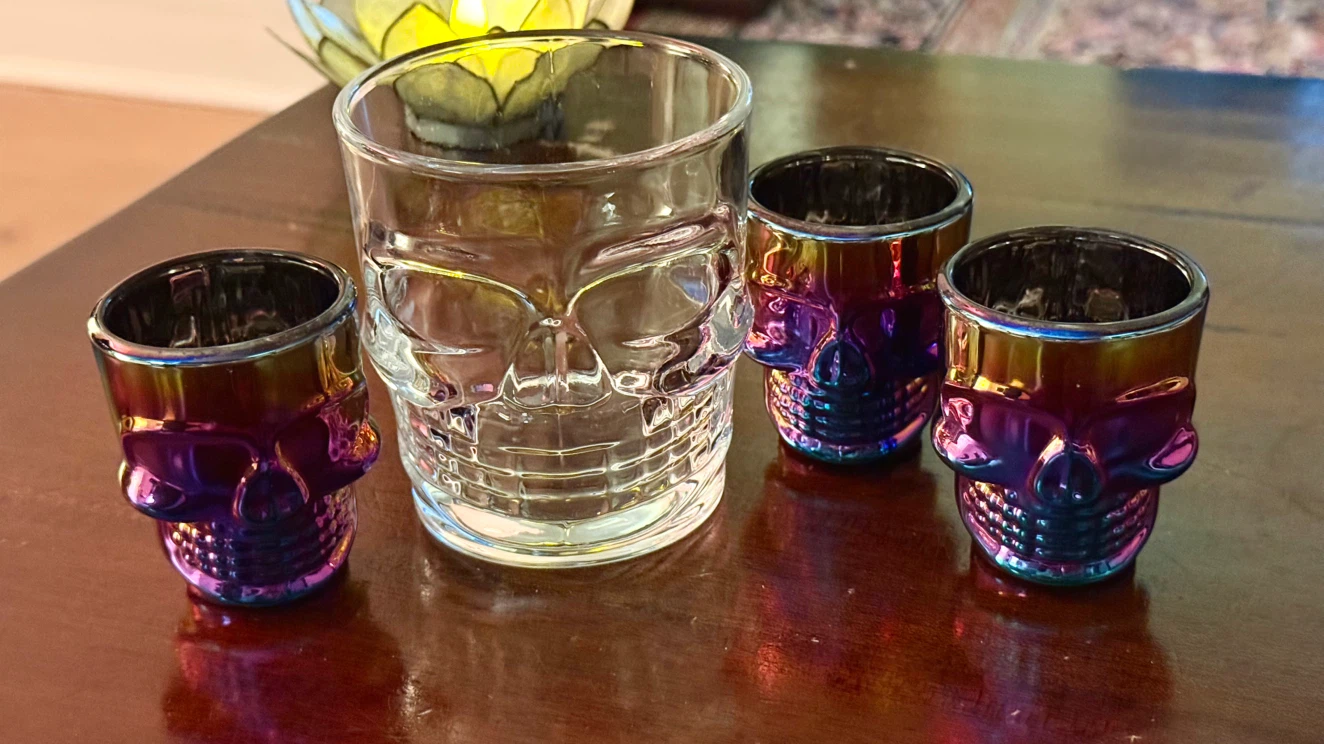 Halloween Skull Drinking Glass and 3 Shot Glasses Set Of 4