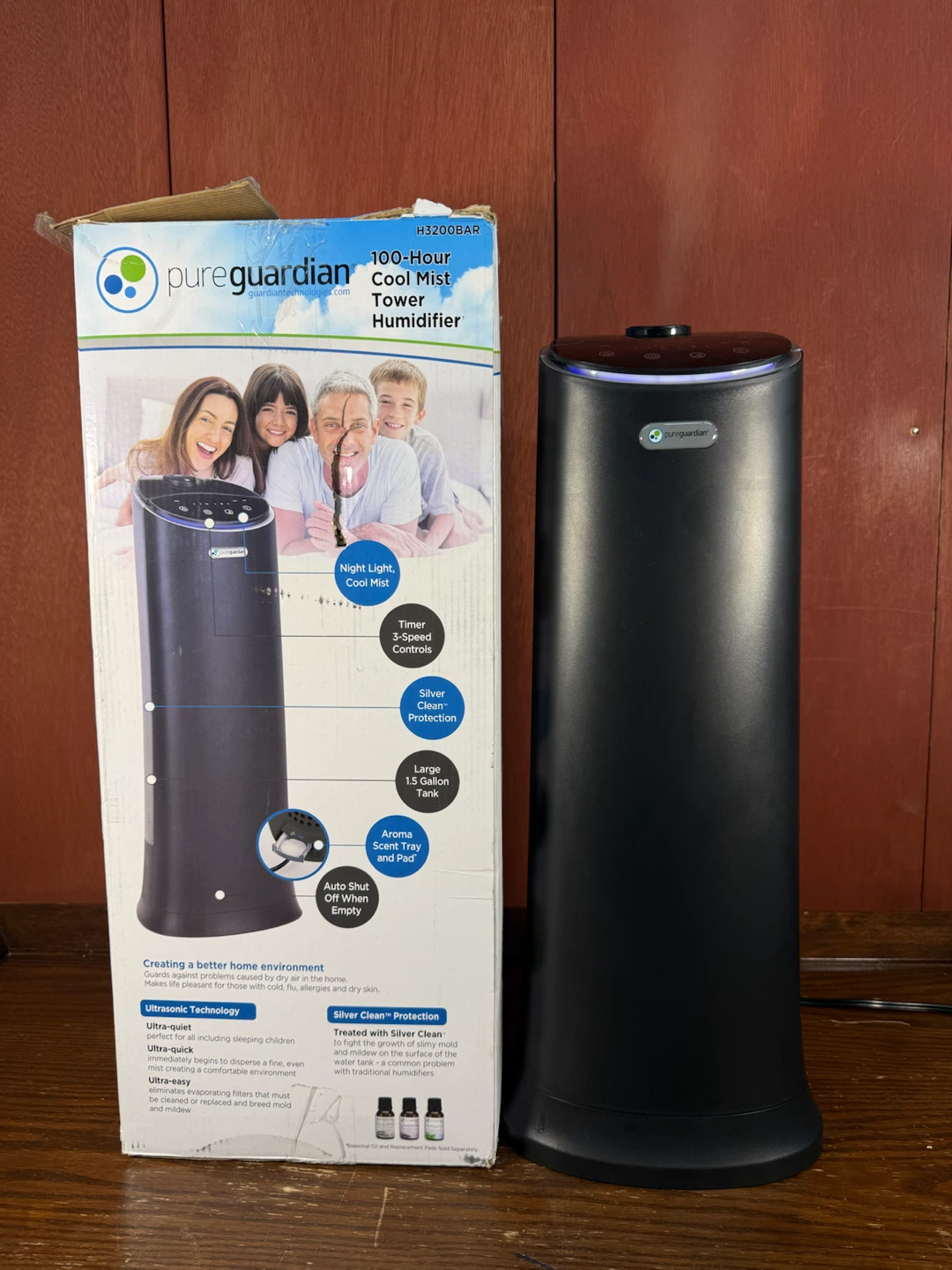 PureGuardian 100h. Ultrasonic Cool Mist Tower 1.5Gal Humidifier