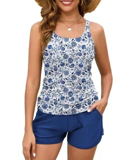 Blue Floral Tankini Swimsuit Set