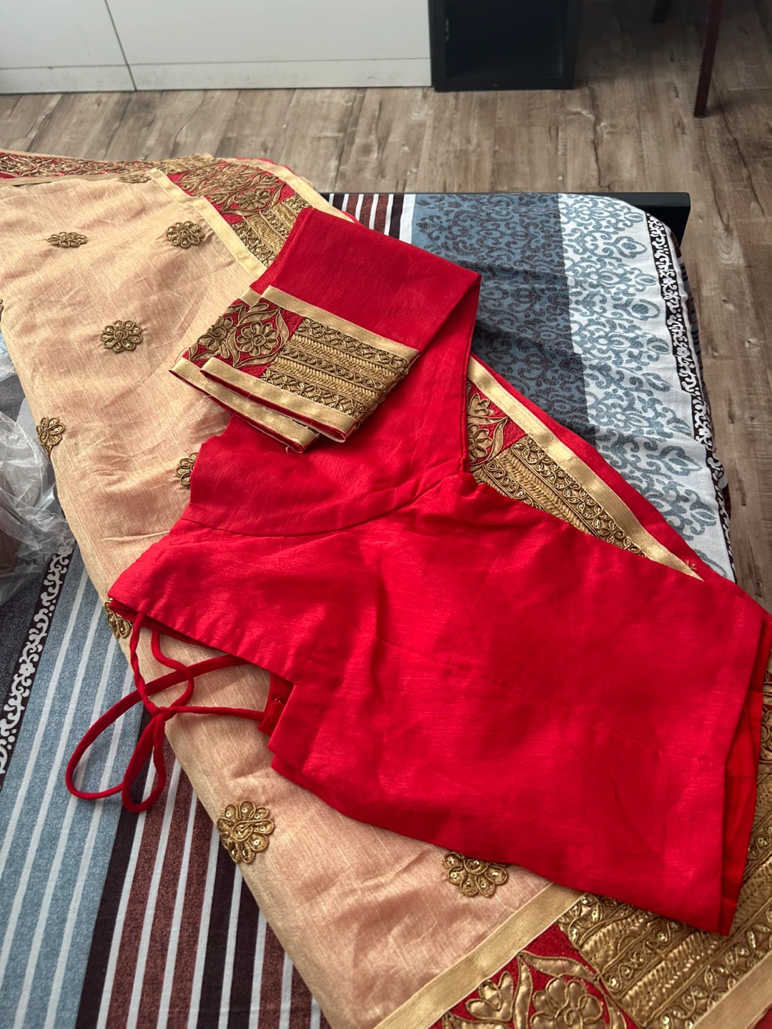 Embroidered Beige and Red Saree with Blouse