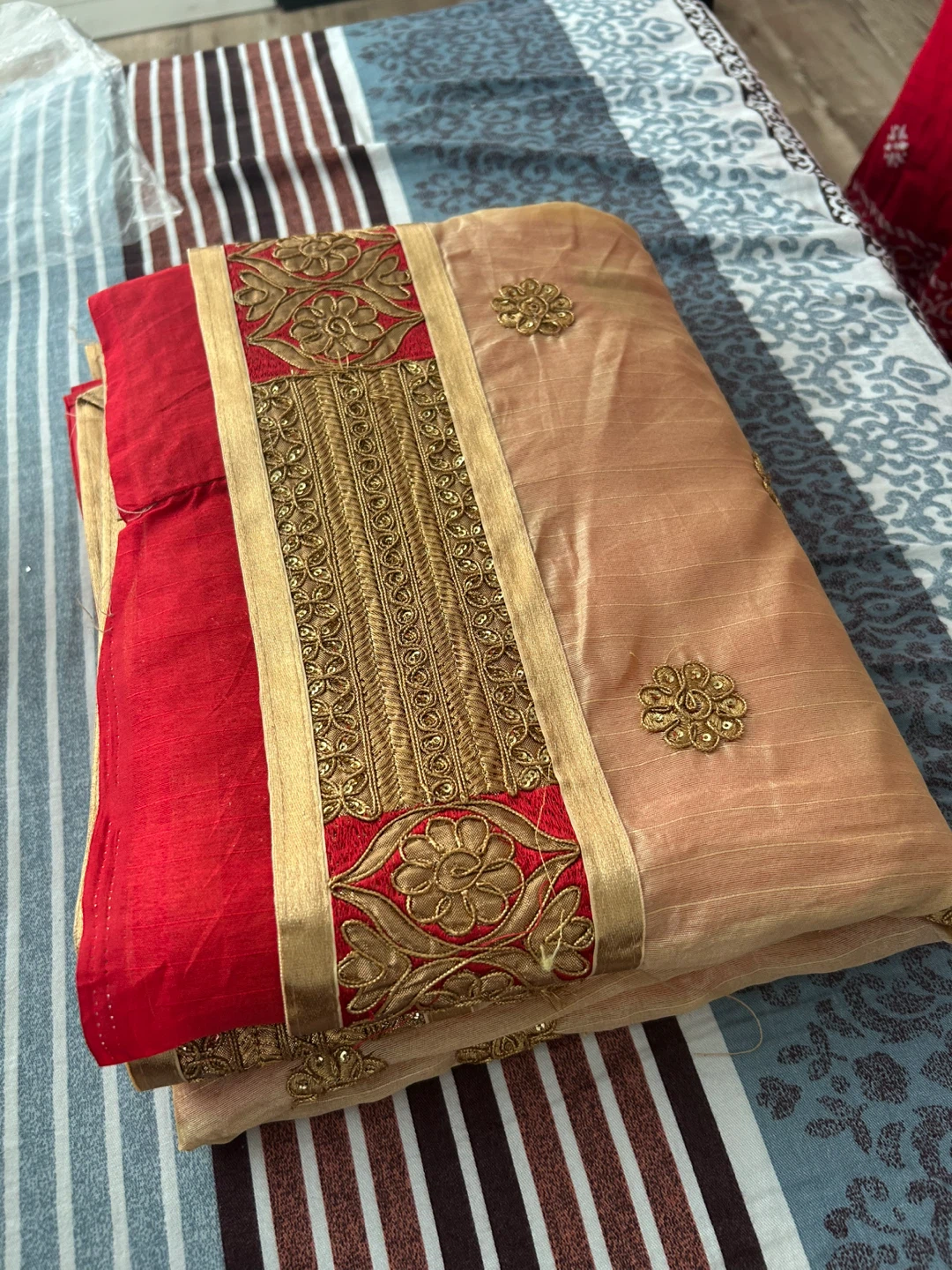 Embroidered Beige and Red Saree with Blouse - photo 2