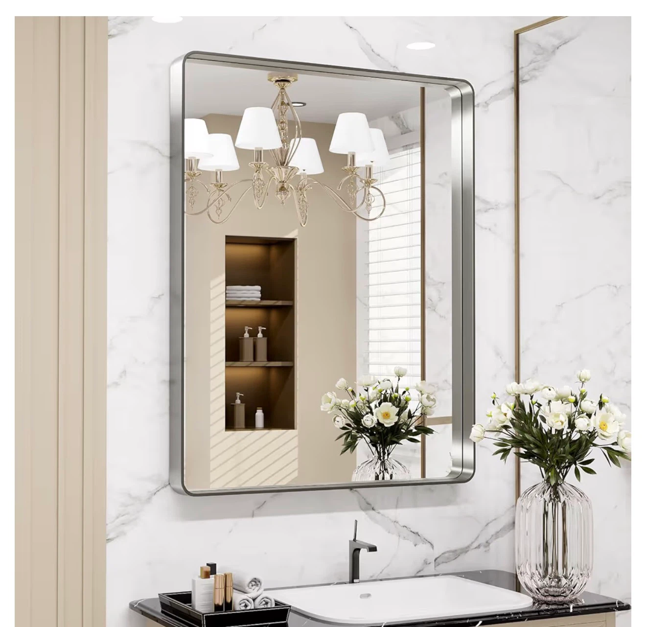 LOAAO Brushed Nickel Rounded Rectangle Mirror 22x30 Inch