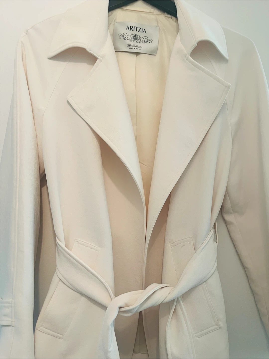 Aritzia crepe hip-length trench coat