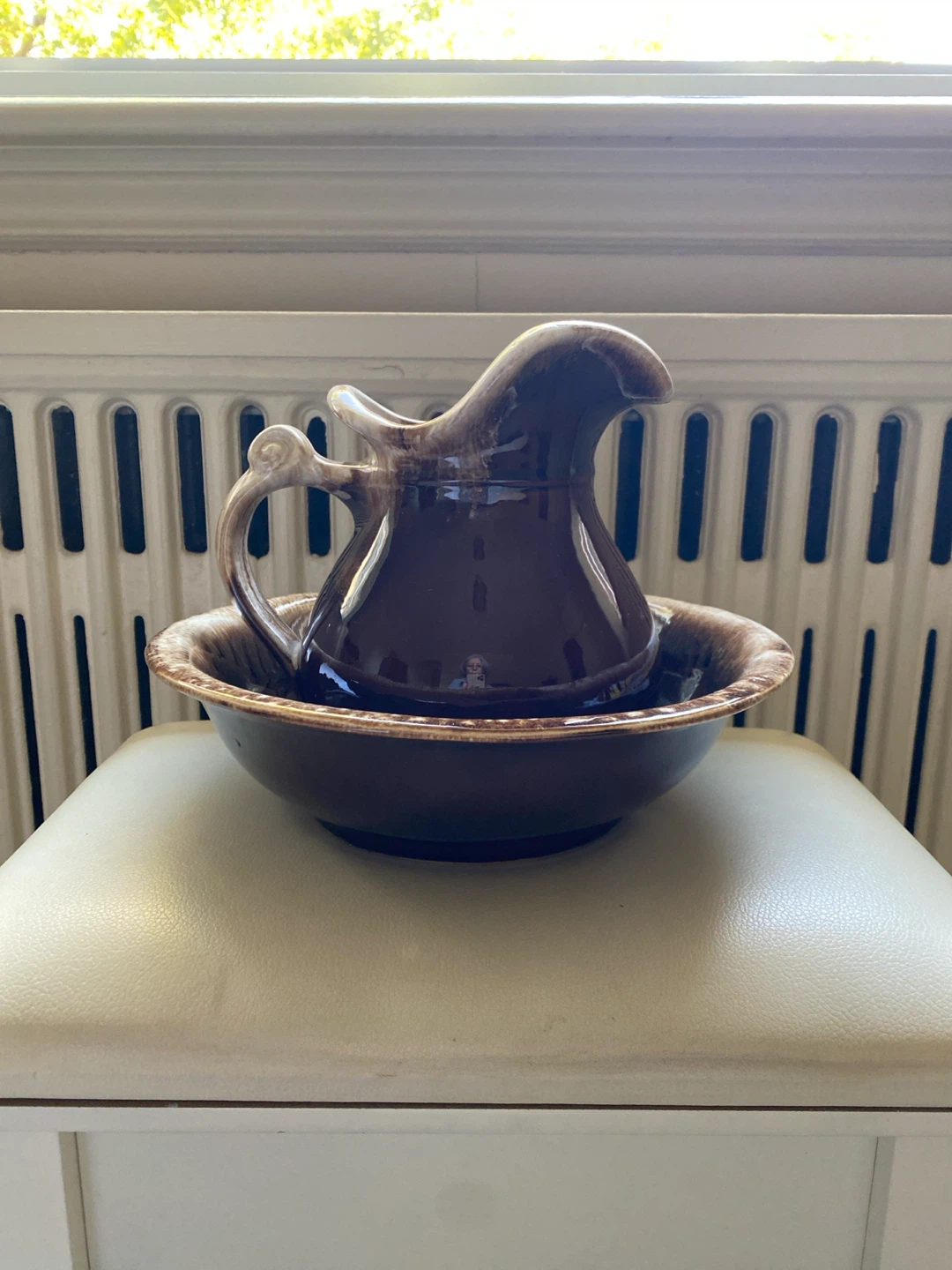 Vintage McCoy USA Brown Ceramic Wash Basin and Pitcher Set