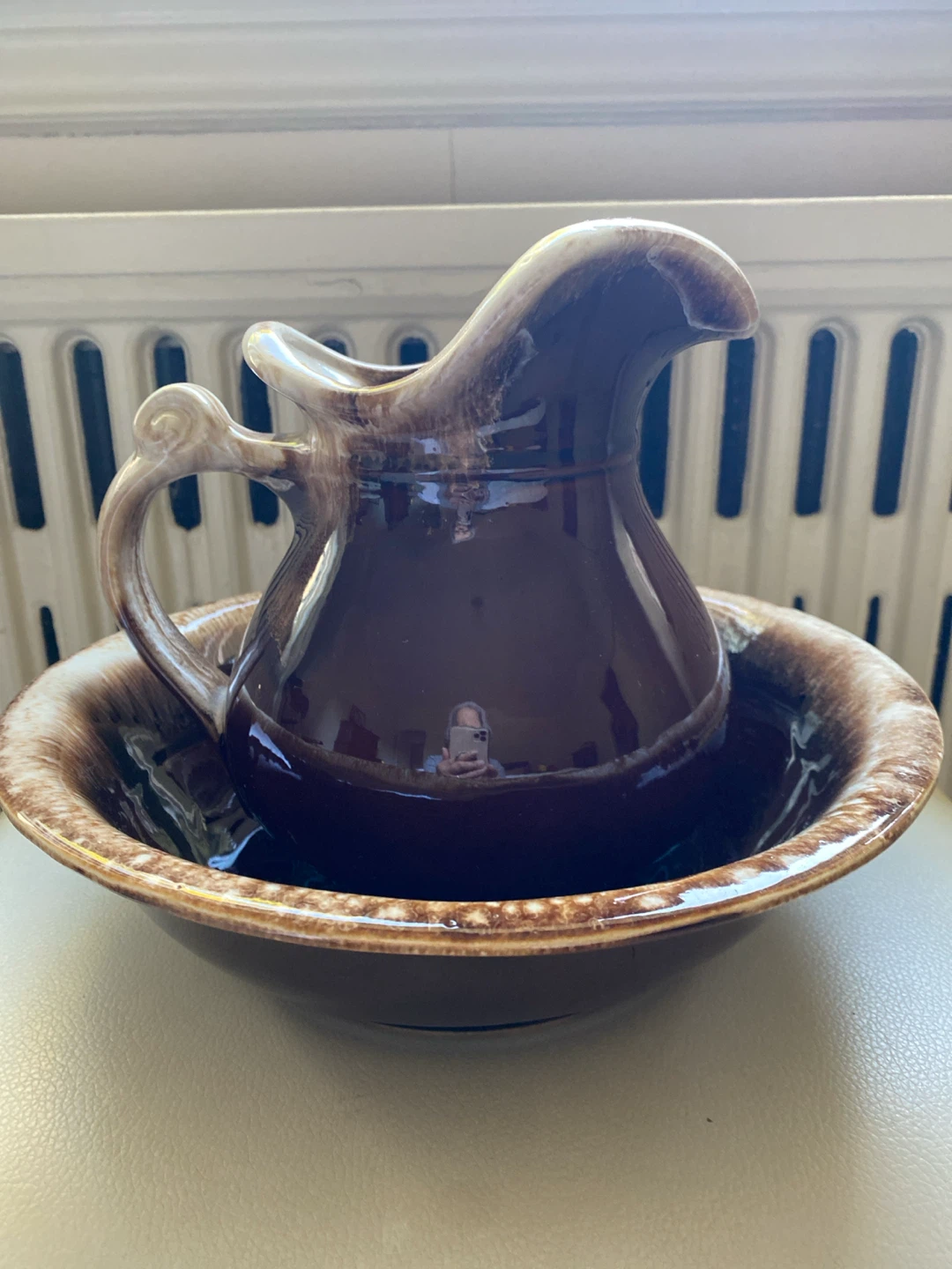 Vintage McCoy USA Brown Ceramic Wash Basin and Pitcher Set - photo 3