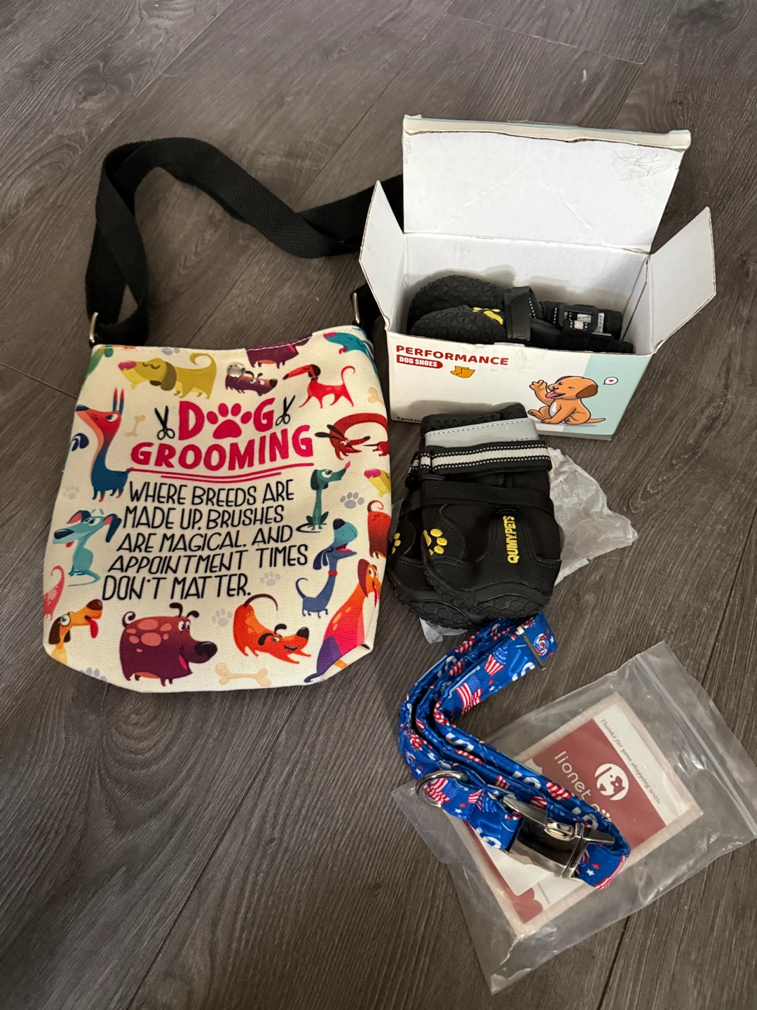 Dog grooming set including shoes, collar, and bag