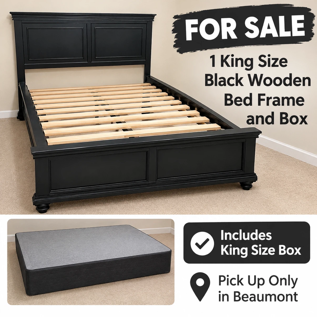 King Size Black Wooden Bed Frame & Box - photo 2