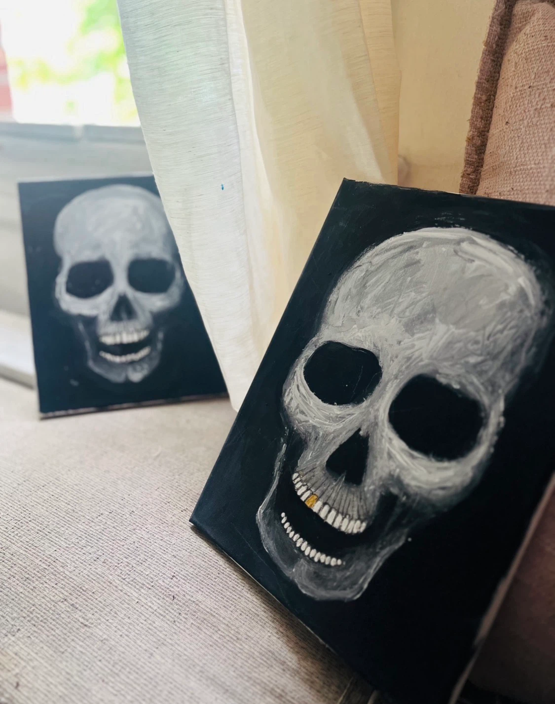 Set of 2 Small Hand-Painted Skull Canvases