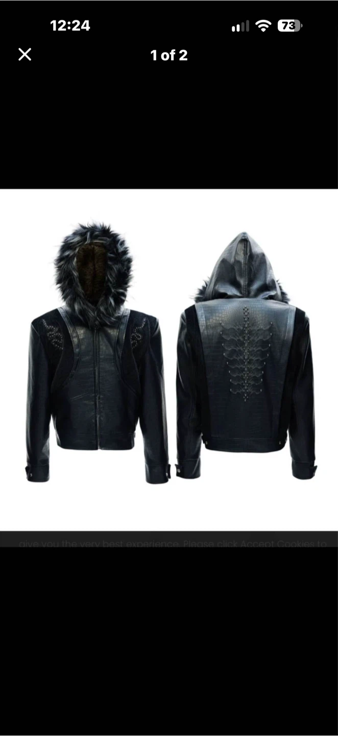 Black Hooded Faux Leather Jacket with Fur Trim