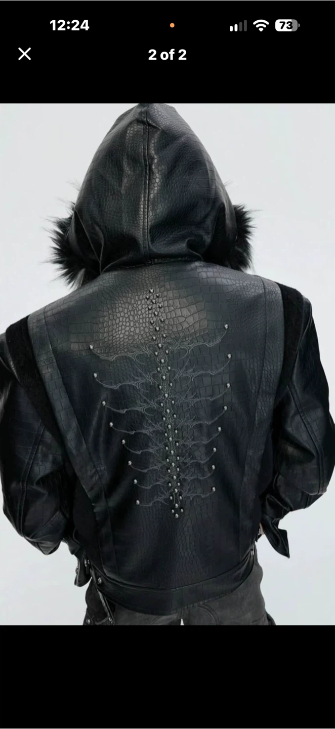 Black Hooded Faux Leather Jacket with Fur Trim - photo 2