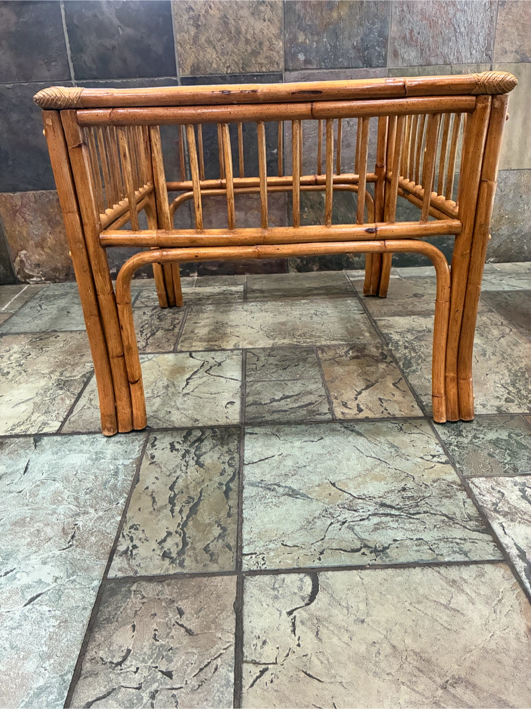 Vintage Rattan Side Table with Glass Top Bamboo Coffee Table - photo 2