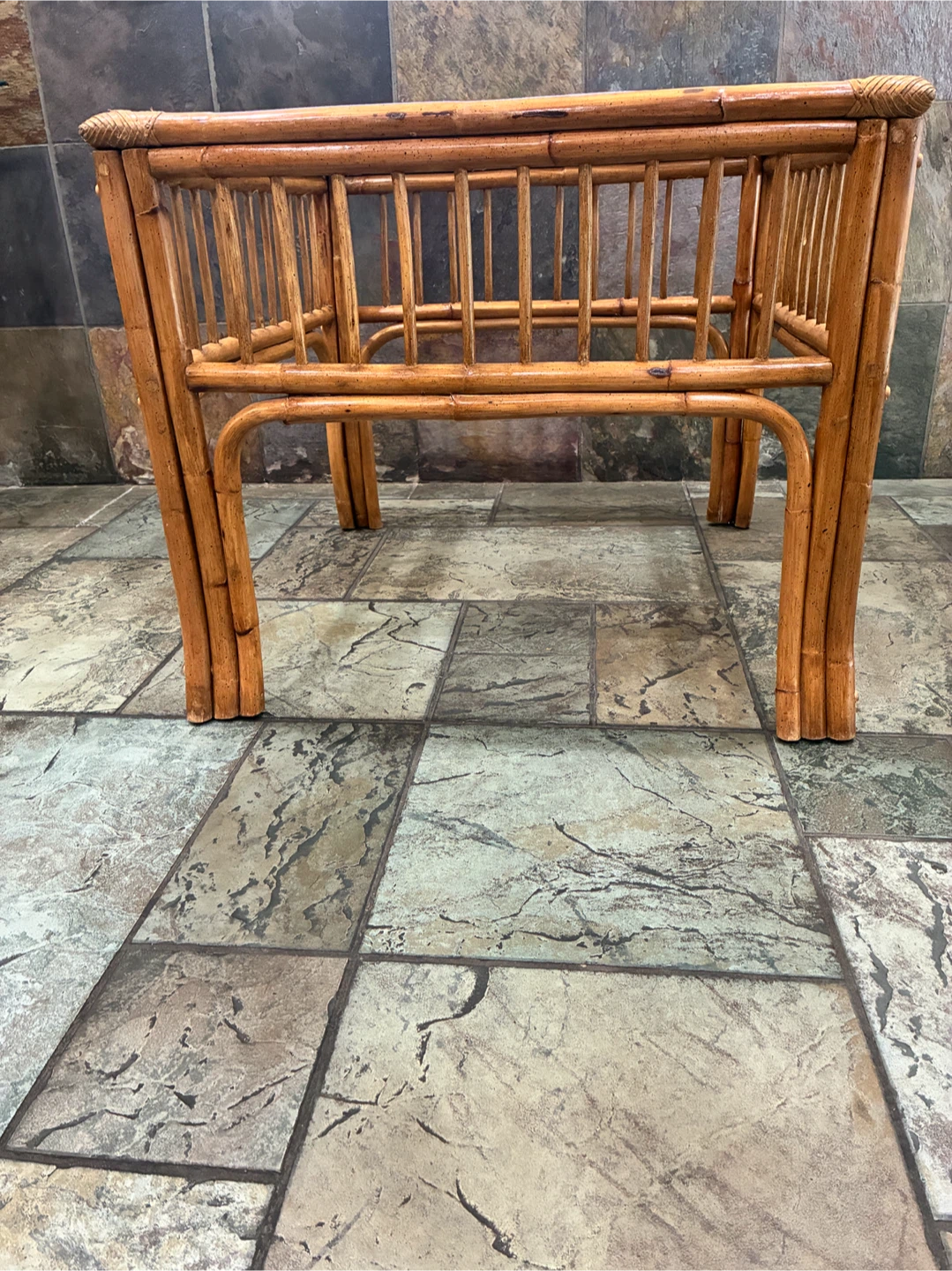 Vintage Rattan Side Table with Glass Top Bamboo Coffee Table - photo 3