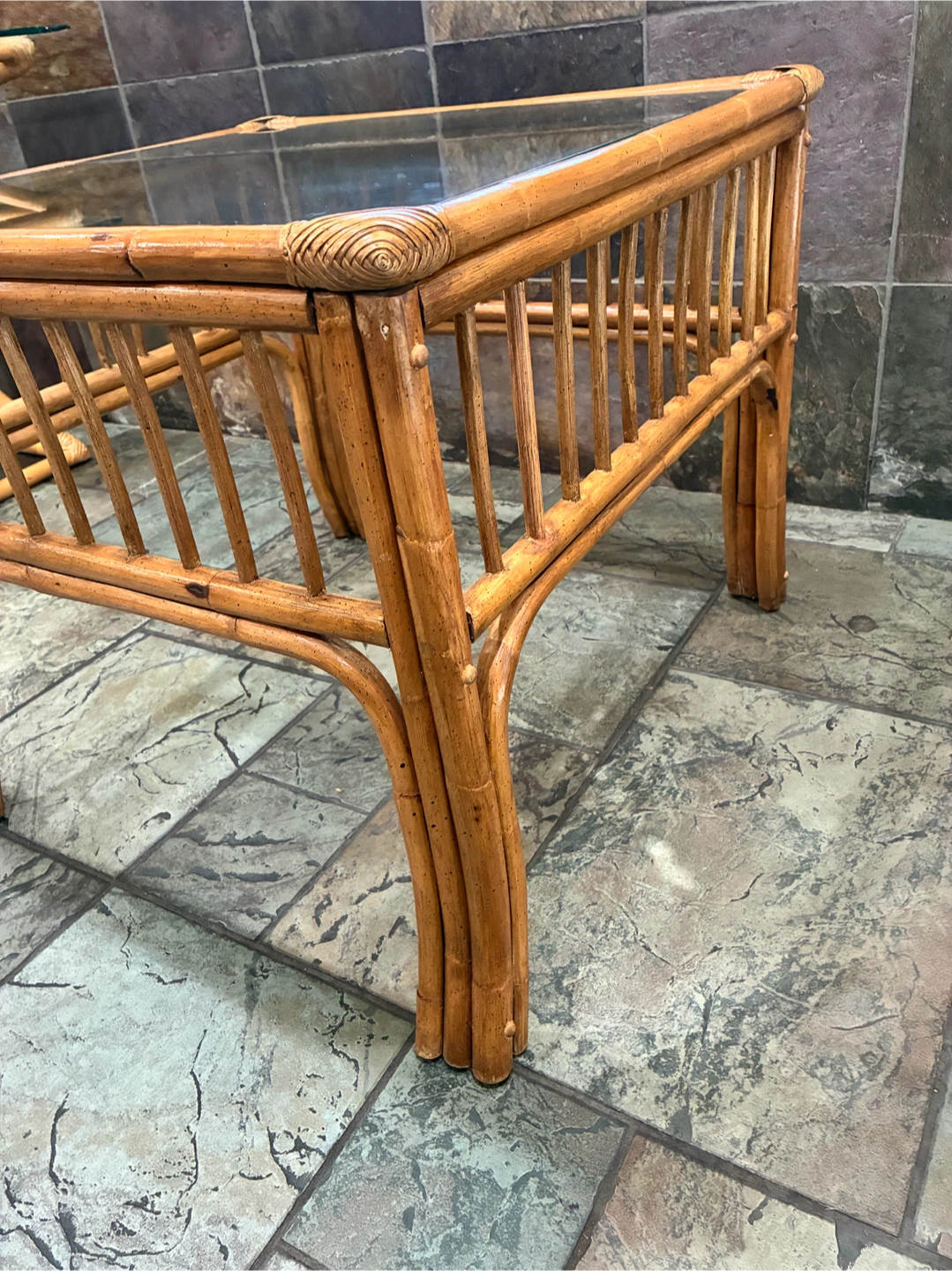 Vintage Rattan Side Table with Glass Top Bamboo Coffee Table - photo 4