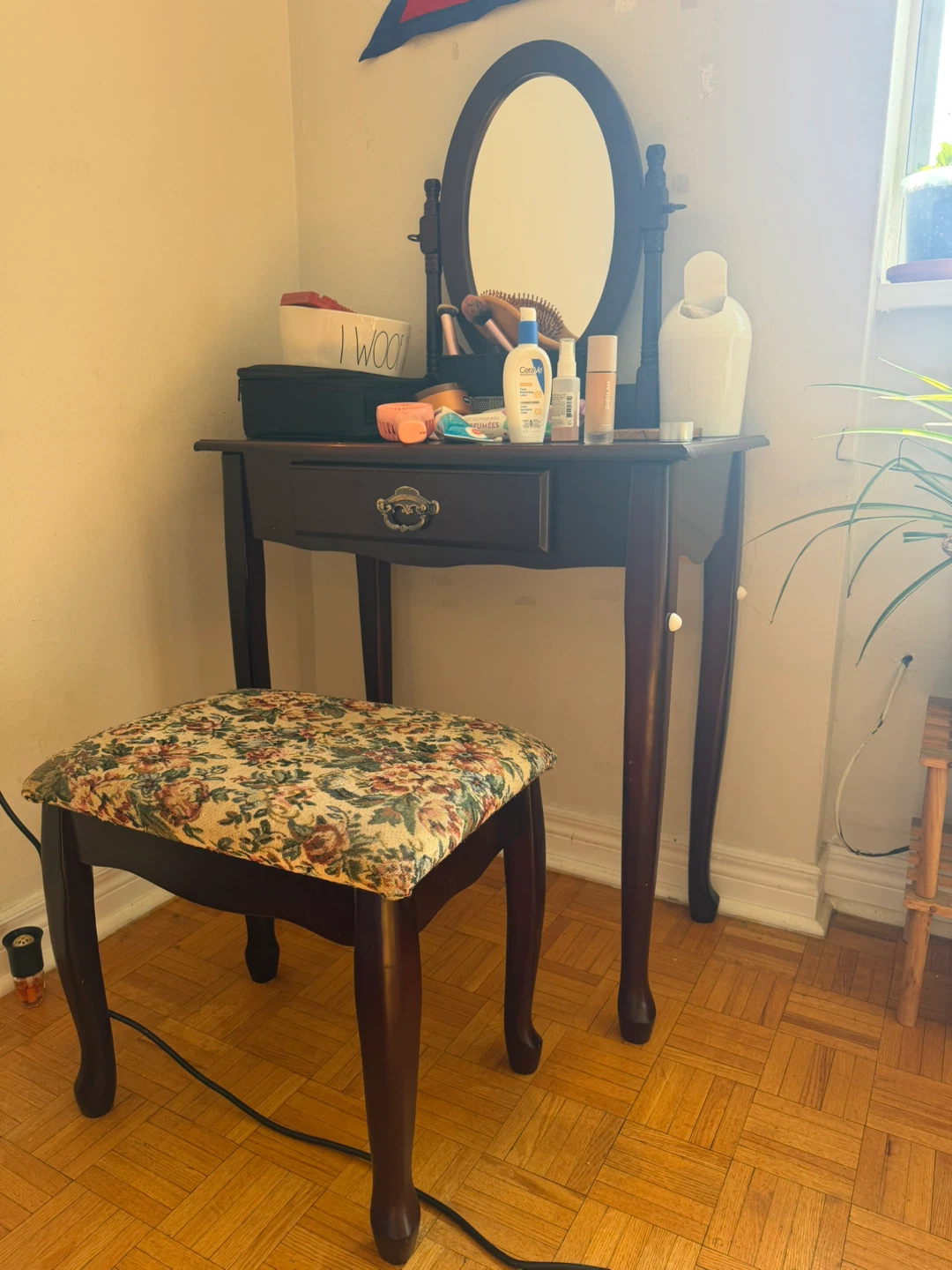 Dark Wood Vanity with Mirror and Stool